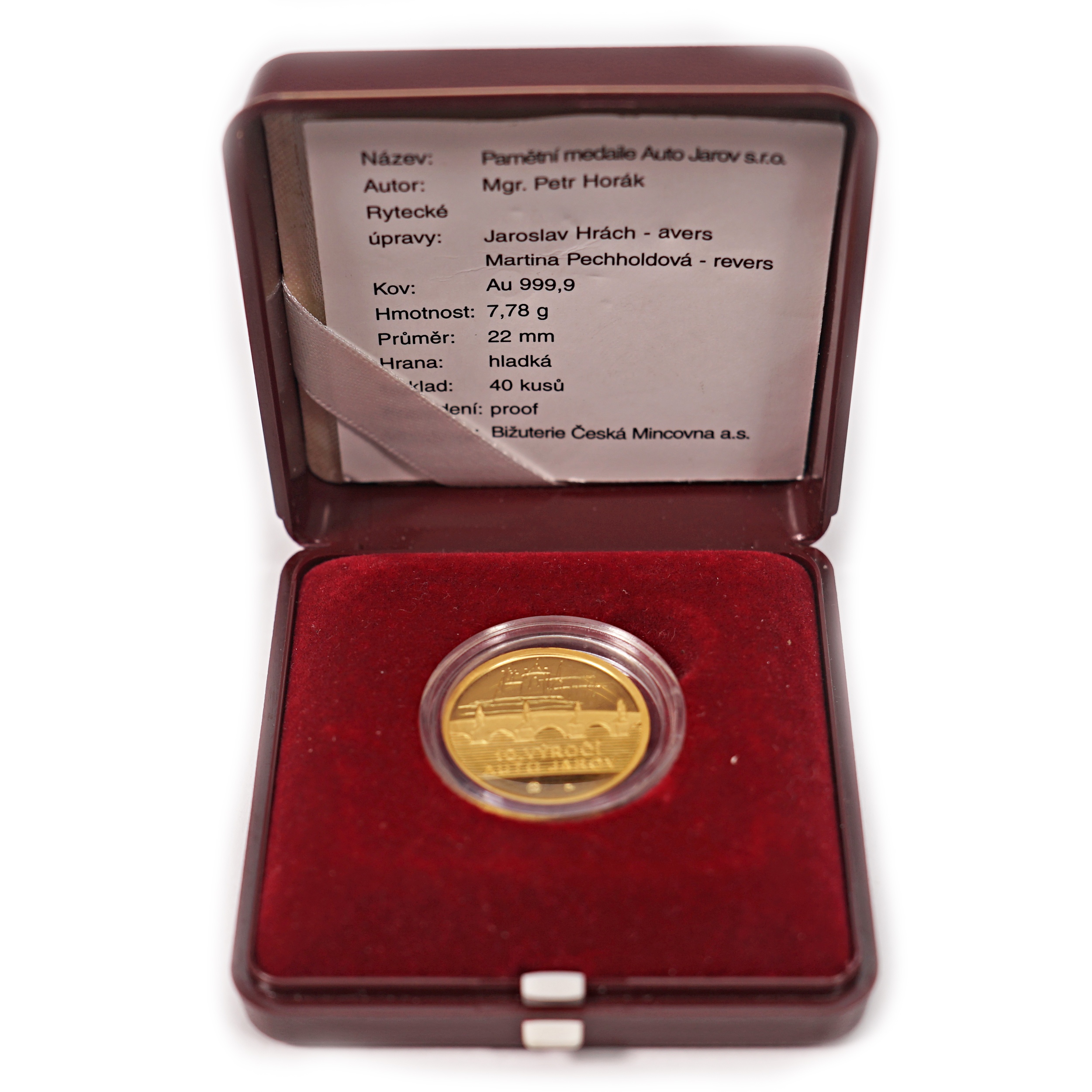 Zlatá pamětní medaile Auto Jarov – náklad pouze 40 ks