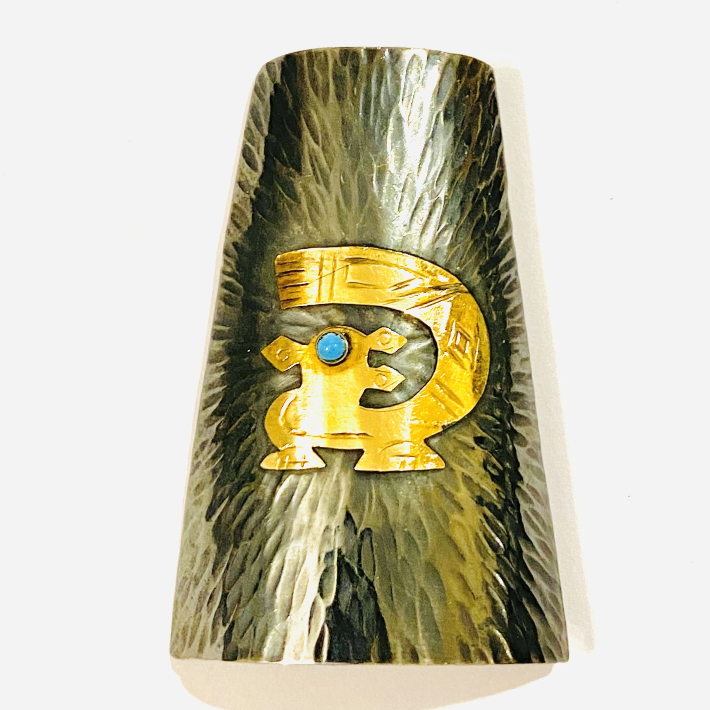 Stříbrno-zlatá aztécká brož s tyrkysem